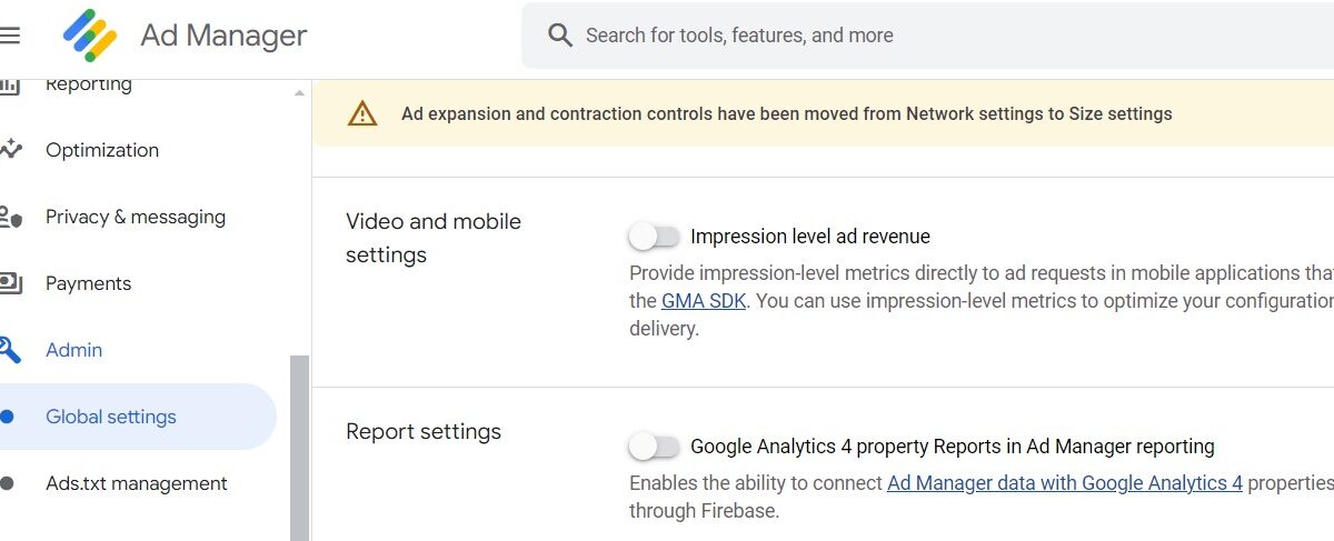 Click on Global Settings:  Connect Google Analytics to Ad Manager