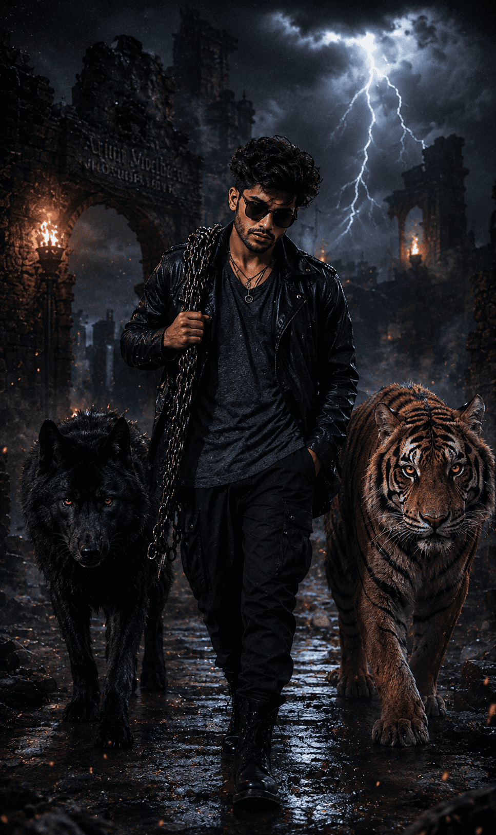 Boy Walking Between a Tiger and Black Wolf-Epic Dark Jungle Edit