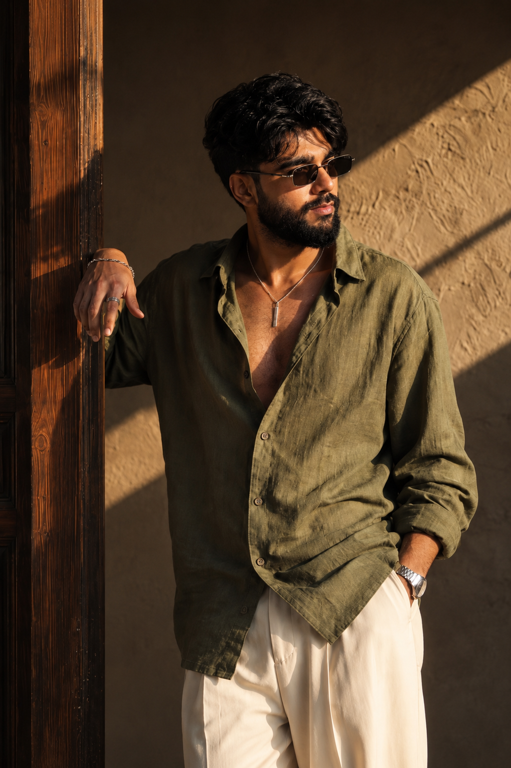 Create a Stylish Golden Hour Fashion Portrait by a Wooden Door