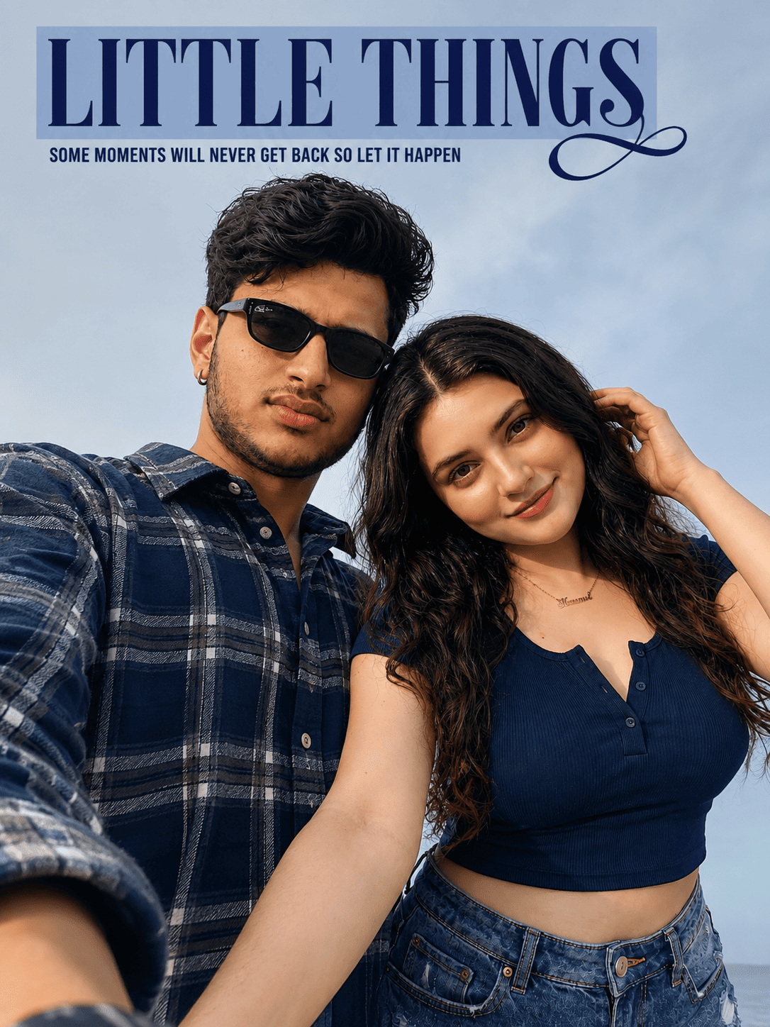 Couple Low-Angle Smartphone Selfie – Candid Sky Background & Magazine-Style Text Overlay