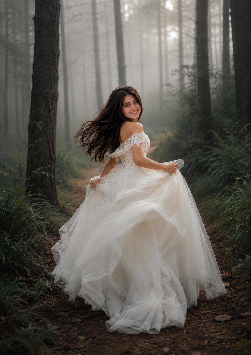 Misty Forest Princess Dress Portrait – Cinematic AI Photo Prompt