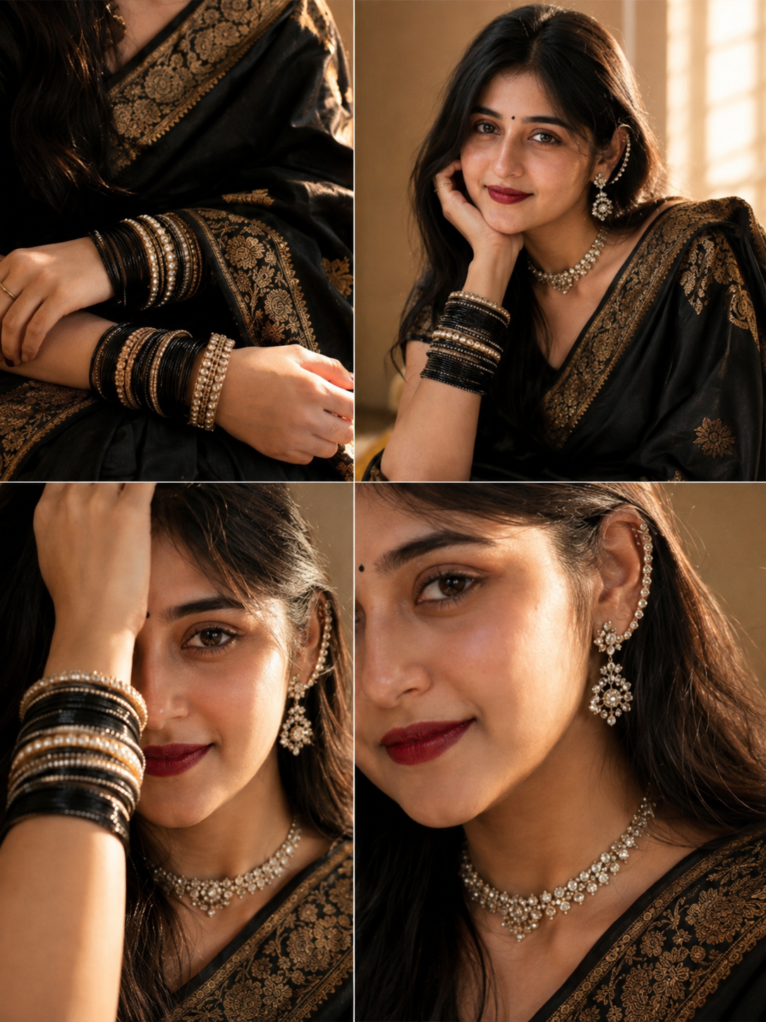 Cinematic Black Saree Portrait Series Featuring Traditional Indian Jewelry and Warm Indoor Lighting