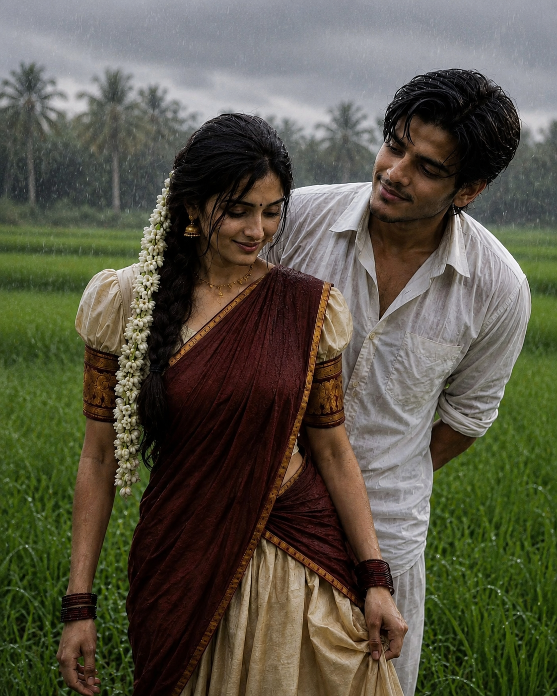 Romantic Monsoon Couple Portrait in a Paddy Field with Traditional Indian Attire