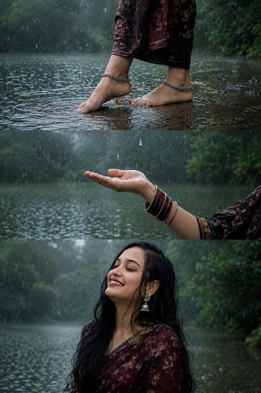 Indian Monsoon Rain Portrait – Maroon Floral Saree, Wet Hair, Silver Jewelry & Serene Lakeside Forest Photography