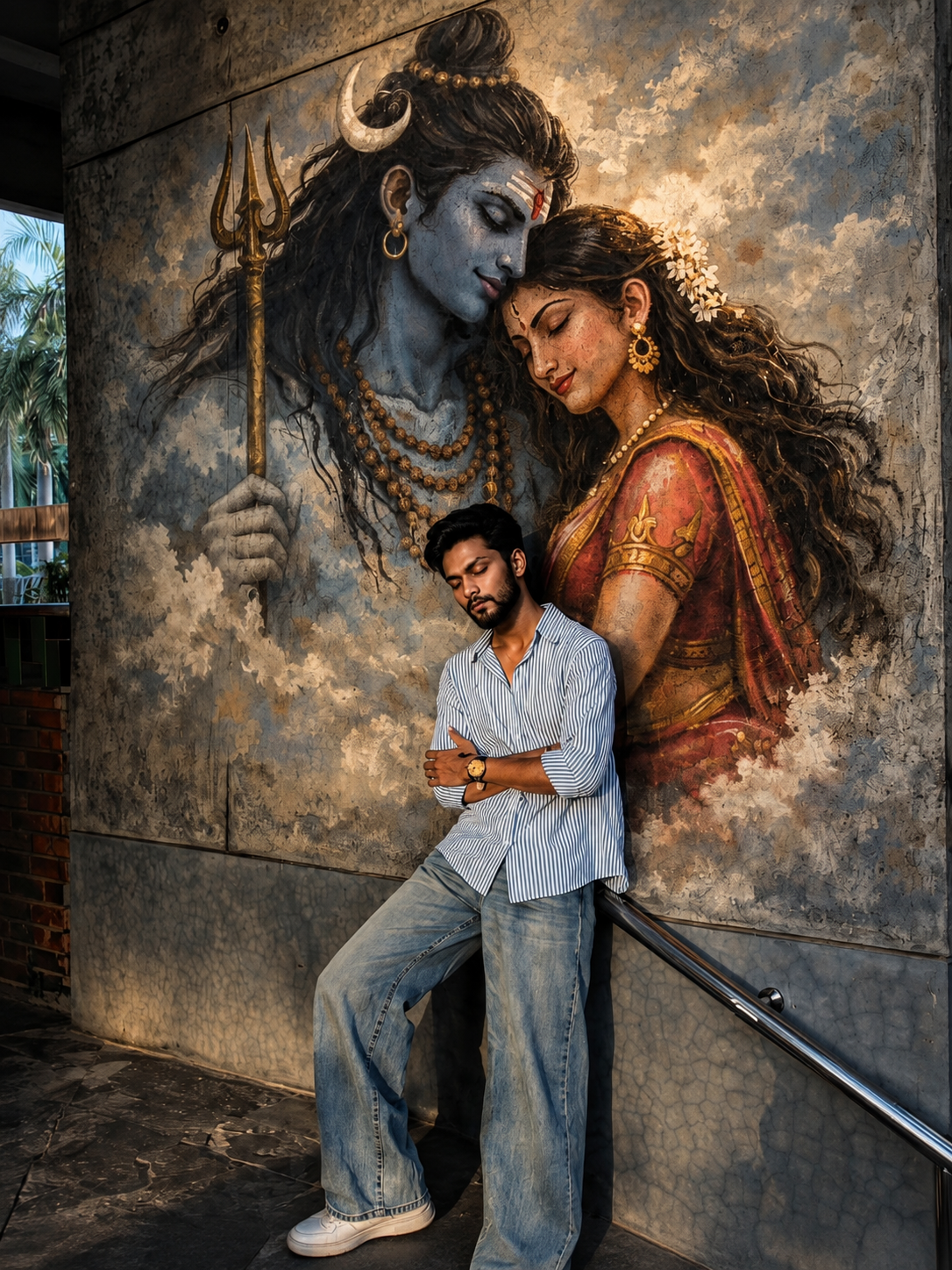Divine Shiva-Parvati Mural Portrait – Realistic Male Pose & Traditional Wall Art AI Prompt
