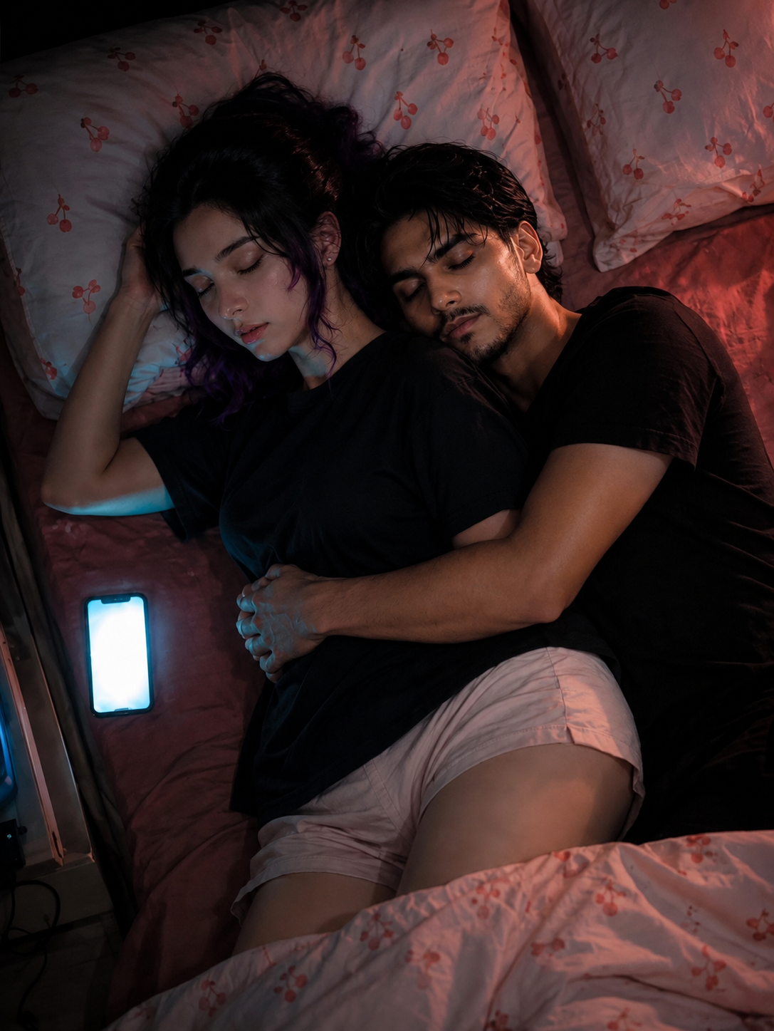 Cinematic Sleeping Couple Portrait – Overhead Spoon Pose with Moody Bedroom Lighting & Smartphone Glow