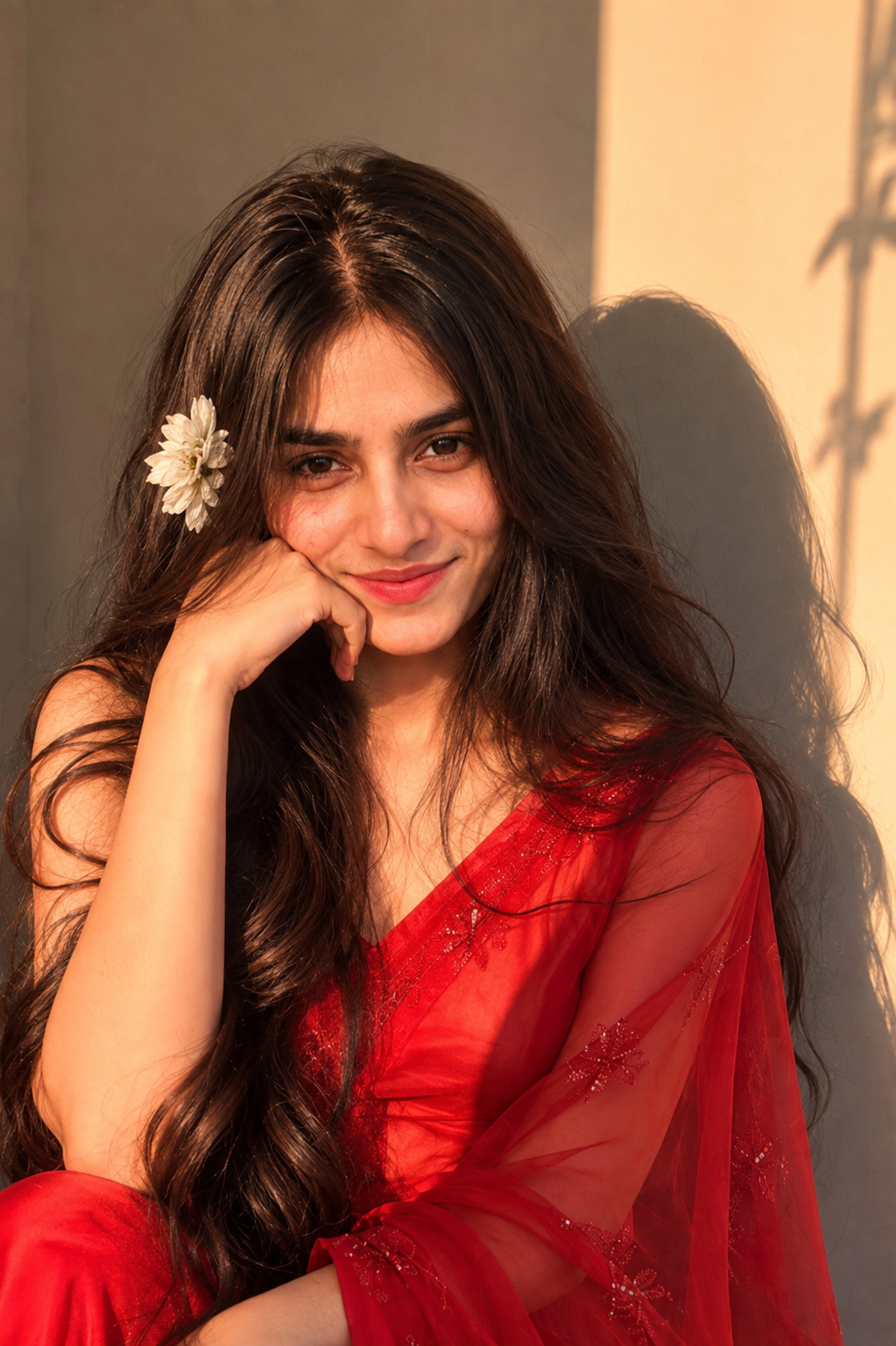 Golden Hour Red Saree Portrait – Candid South Asian Woman with White Flower & Shadow