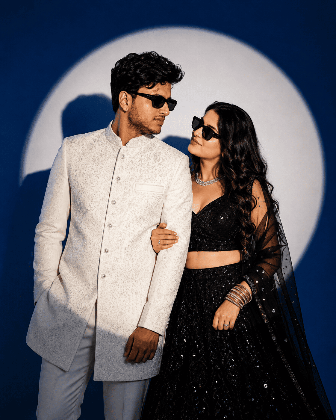 White Sherwani Black Lehenga Couple AI Photo Editing Prompt