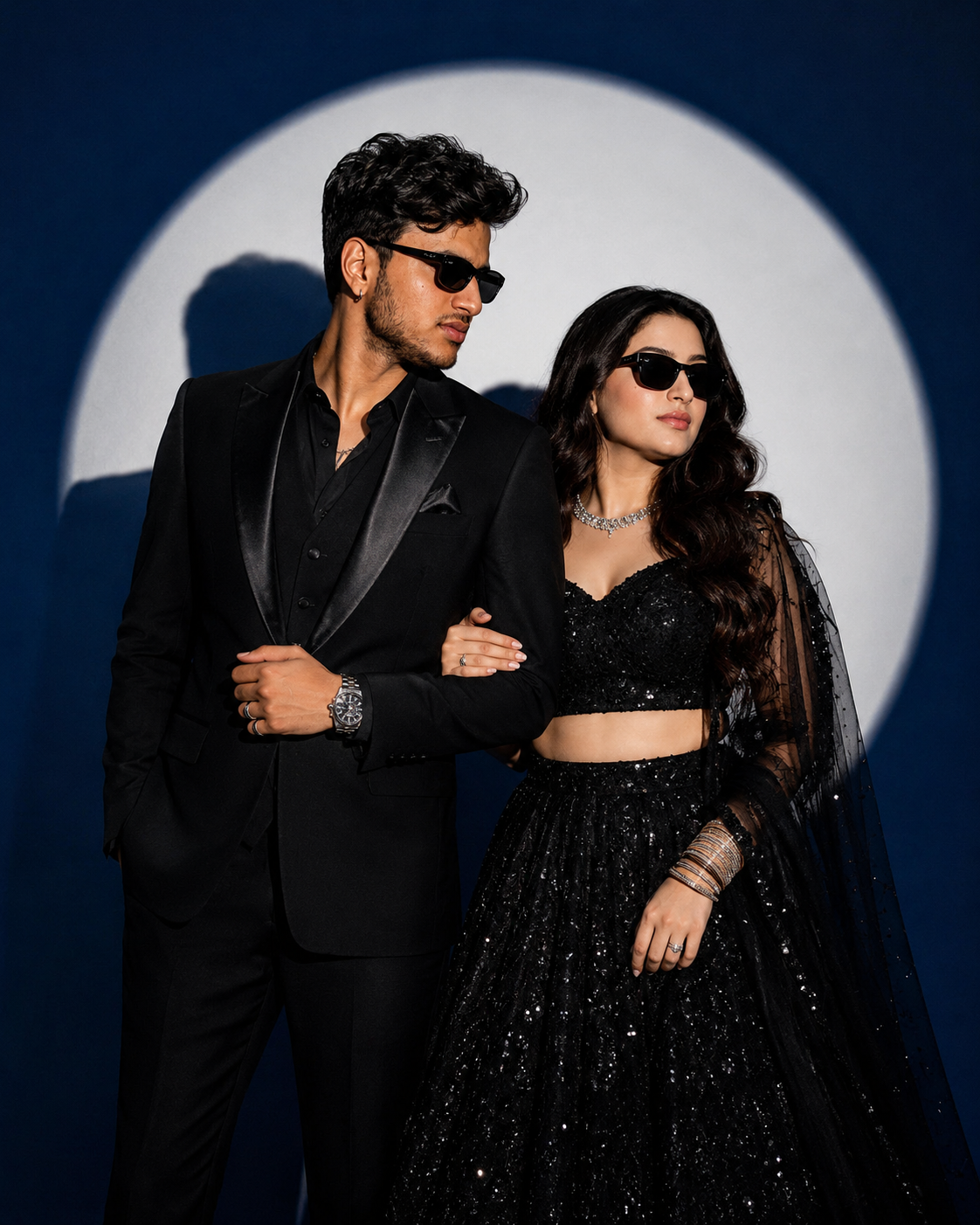 Black Suit Black Lehenga Couple AI Photo Editing Prompt
