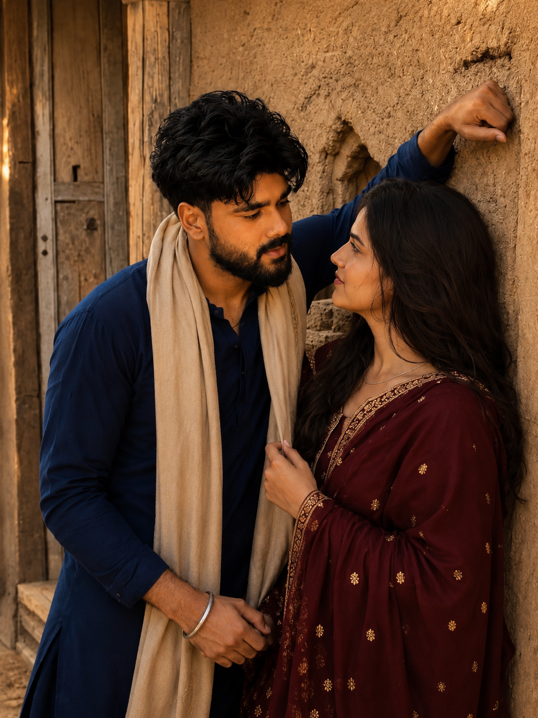 Rustic Heritage Couple Portrait – Traditional Indian Attire, Romantic Eye Contact & Cinematic Mud-Wall Setting