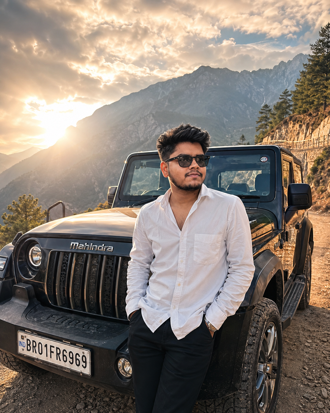 Stylish man in Mountain with Thar car in Background