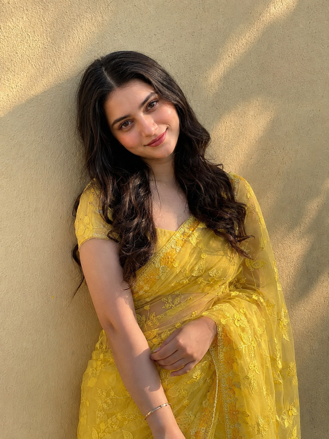 Realistic Indian Girl in Yellow Saree – iPhone Photography Prompt