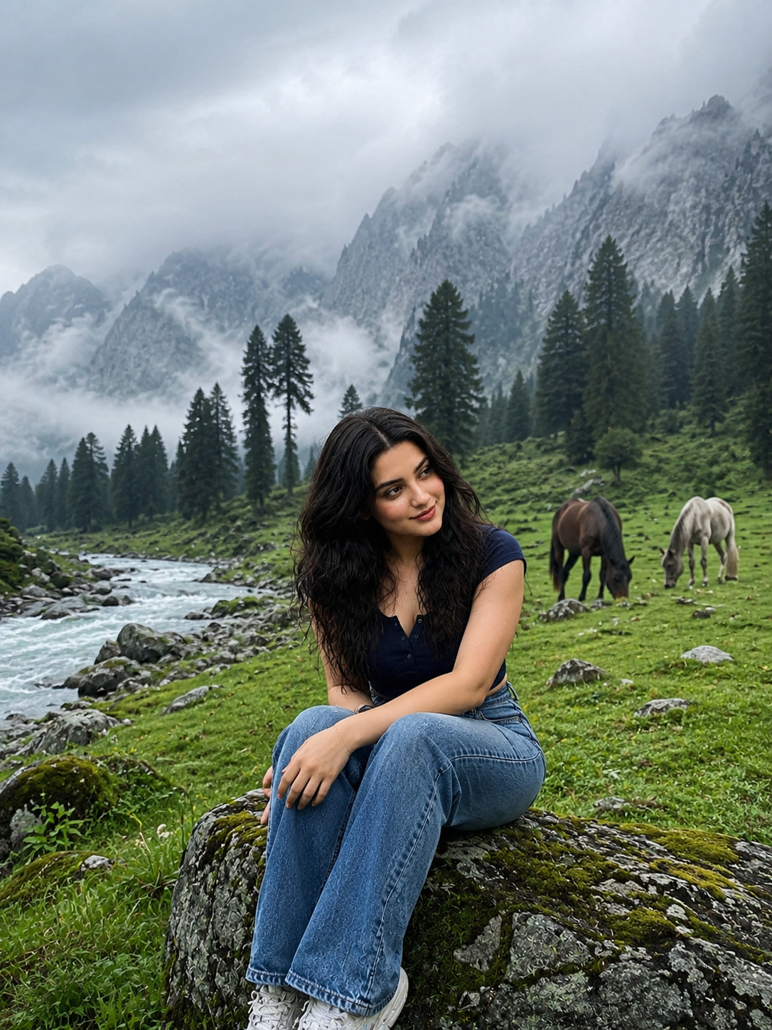 Misty Mountain Girl Portrait AI Photo Editing Prompt