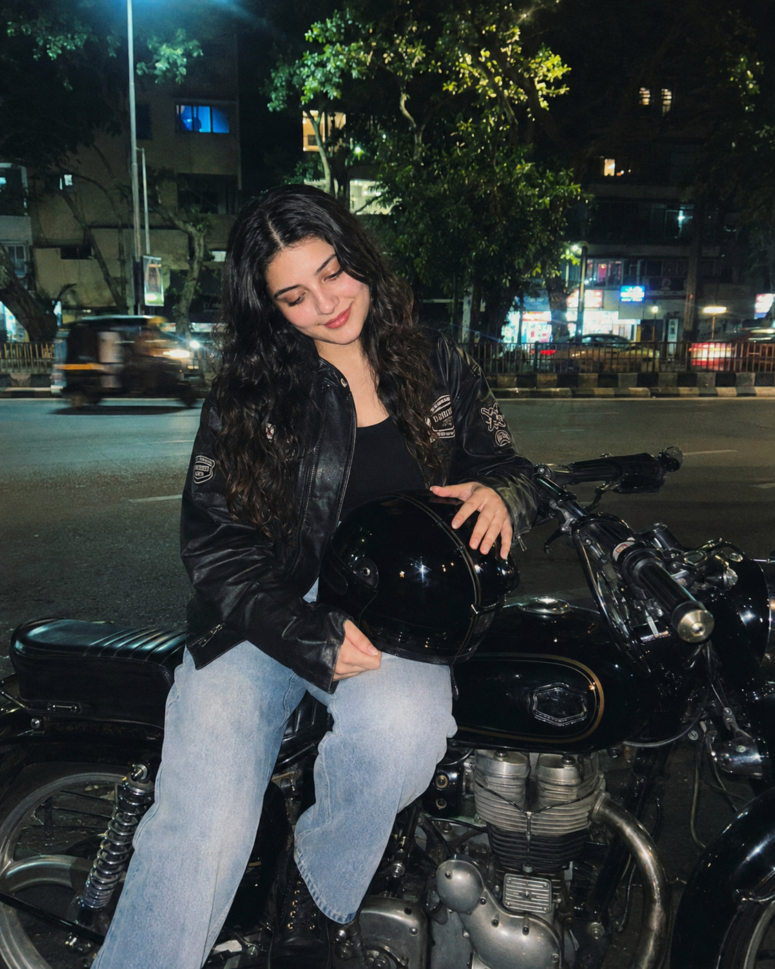 Royal Enfield Night Photoshoot Prompt For Girl