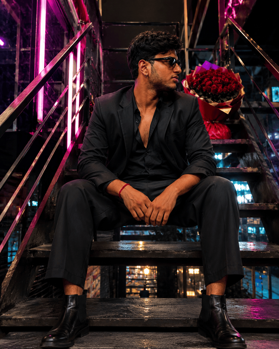 Neon Staircase Fashion Portrait Prompt for men
