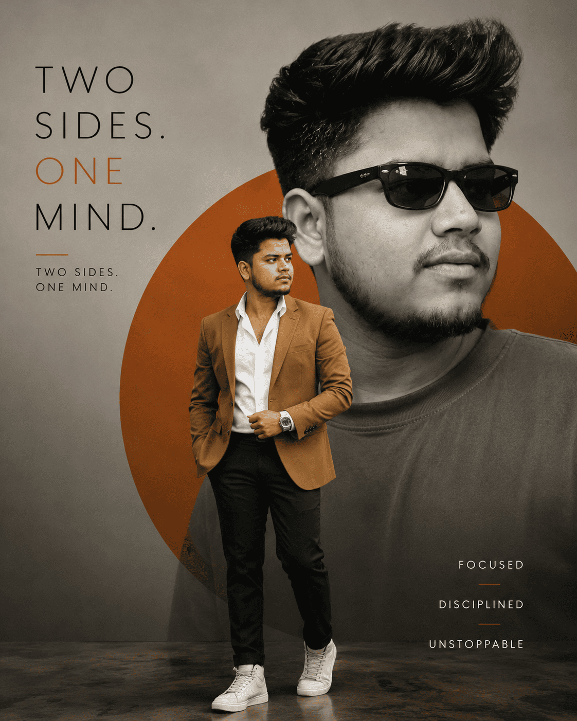 Two Sides One Mind Fashion Poster Prompt for Men