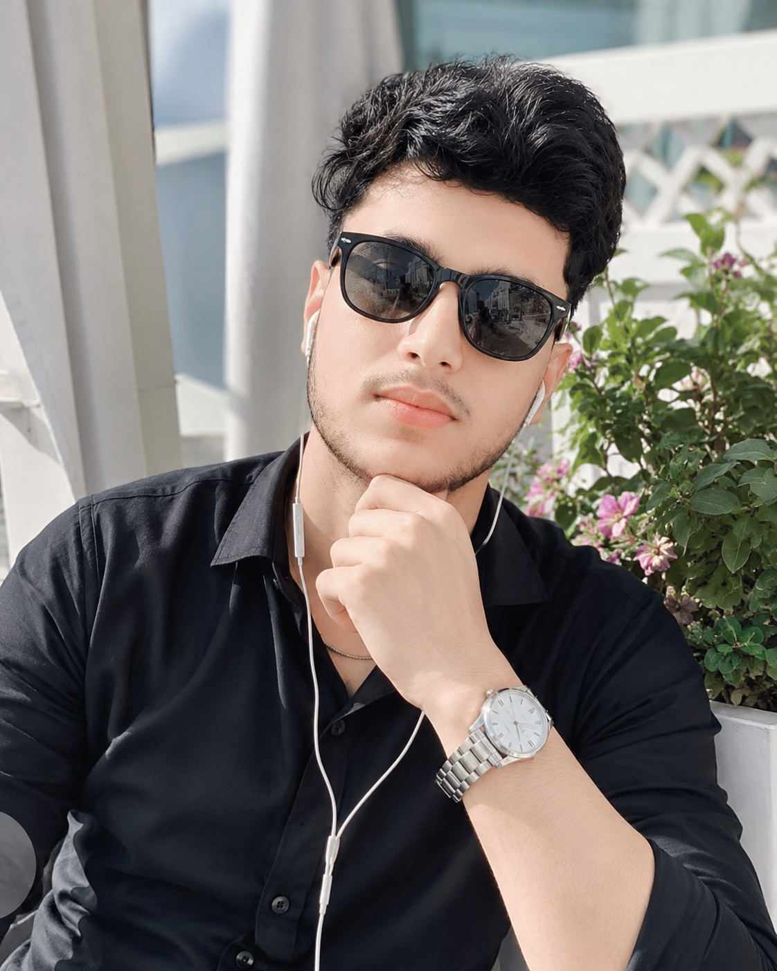 Black Shirt Sunglasses Terrace Portrait AI Prompt