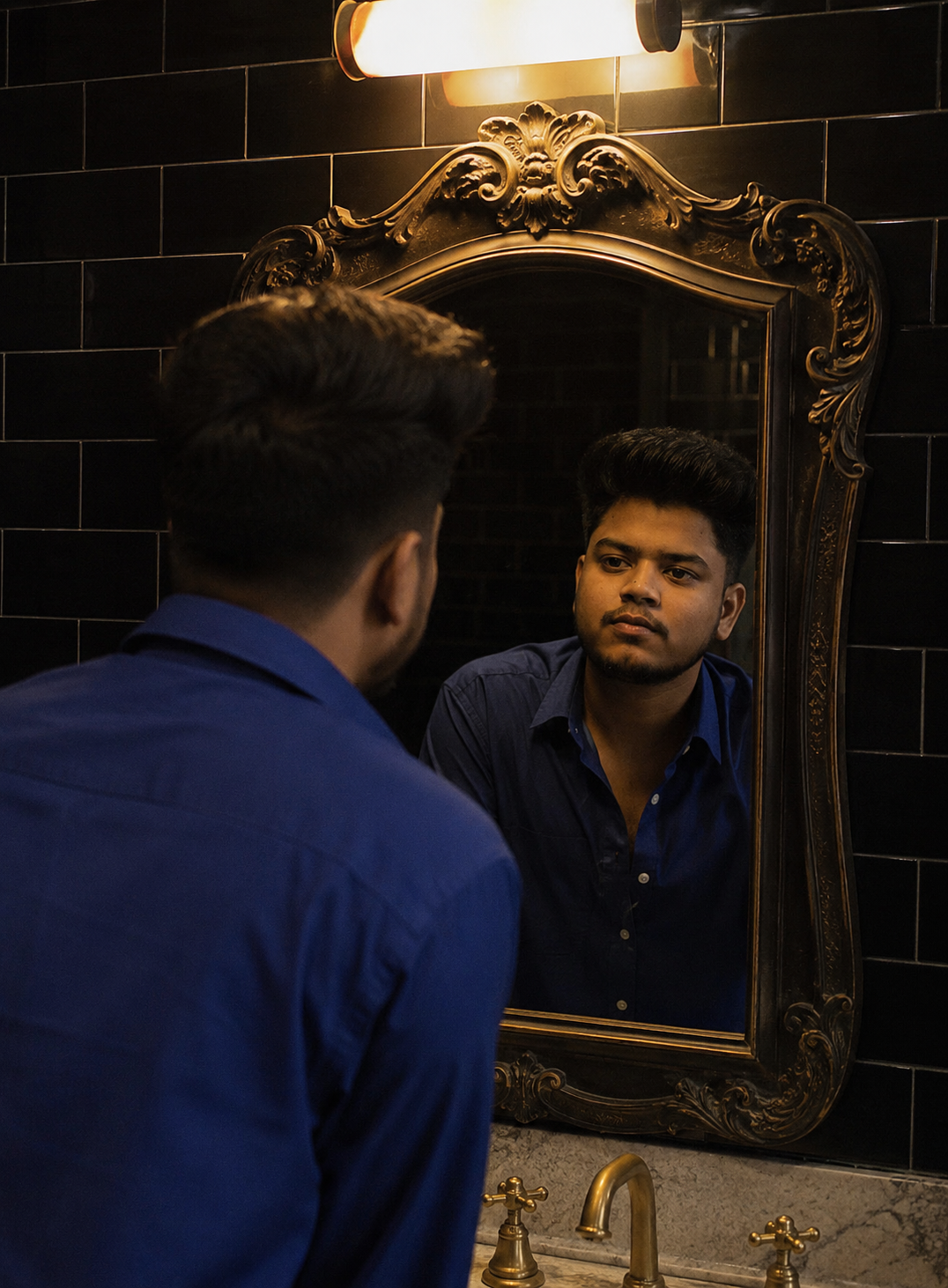 Cinematic Blue Shirt Mirror Portrait Image Prompt