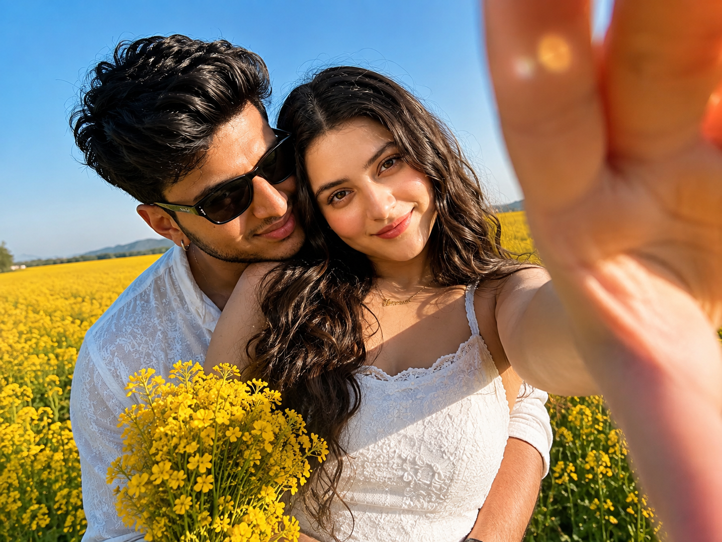Romantic Couple in Yellow Canola Flower Field