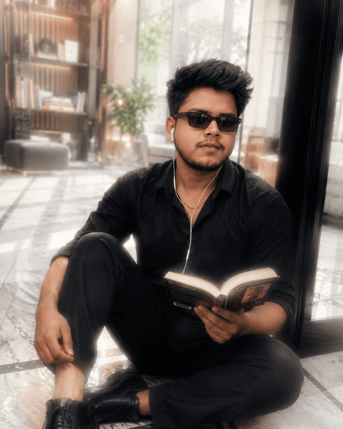 Luxury Black Outfit Reading Book Boy Portrait Prompt