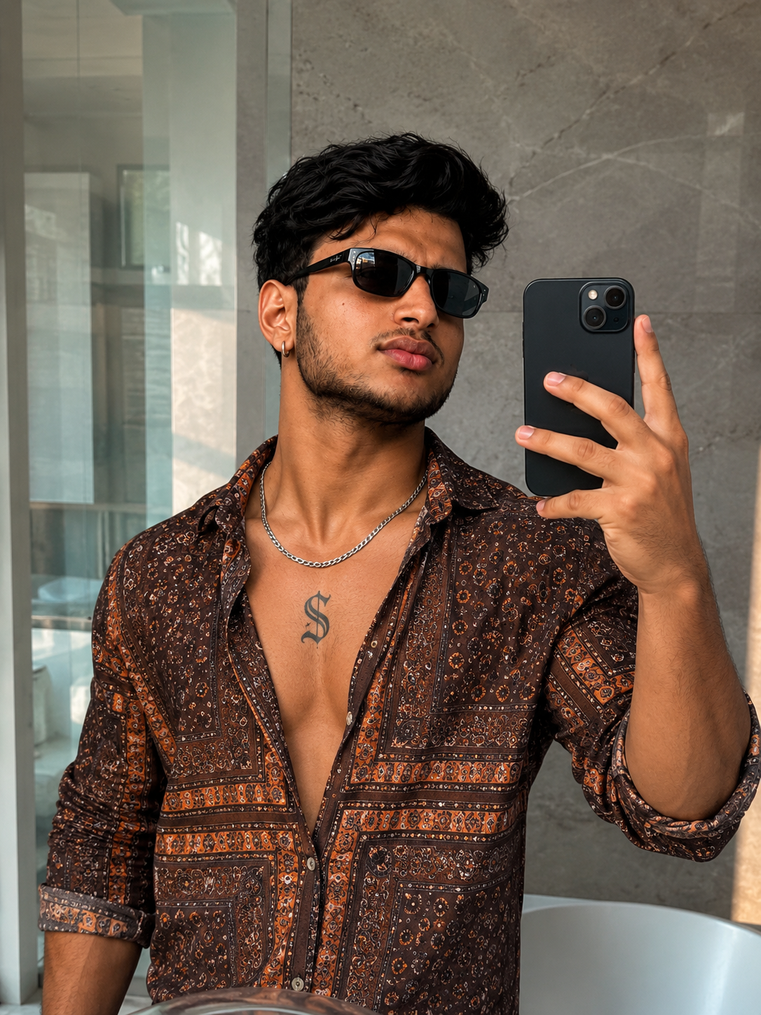 Stylish Mirror Selfie Prompt – Brown Pattern Shirt AI Photo Edit