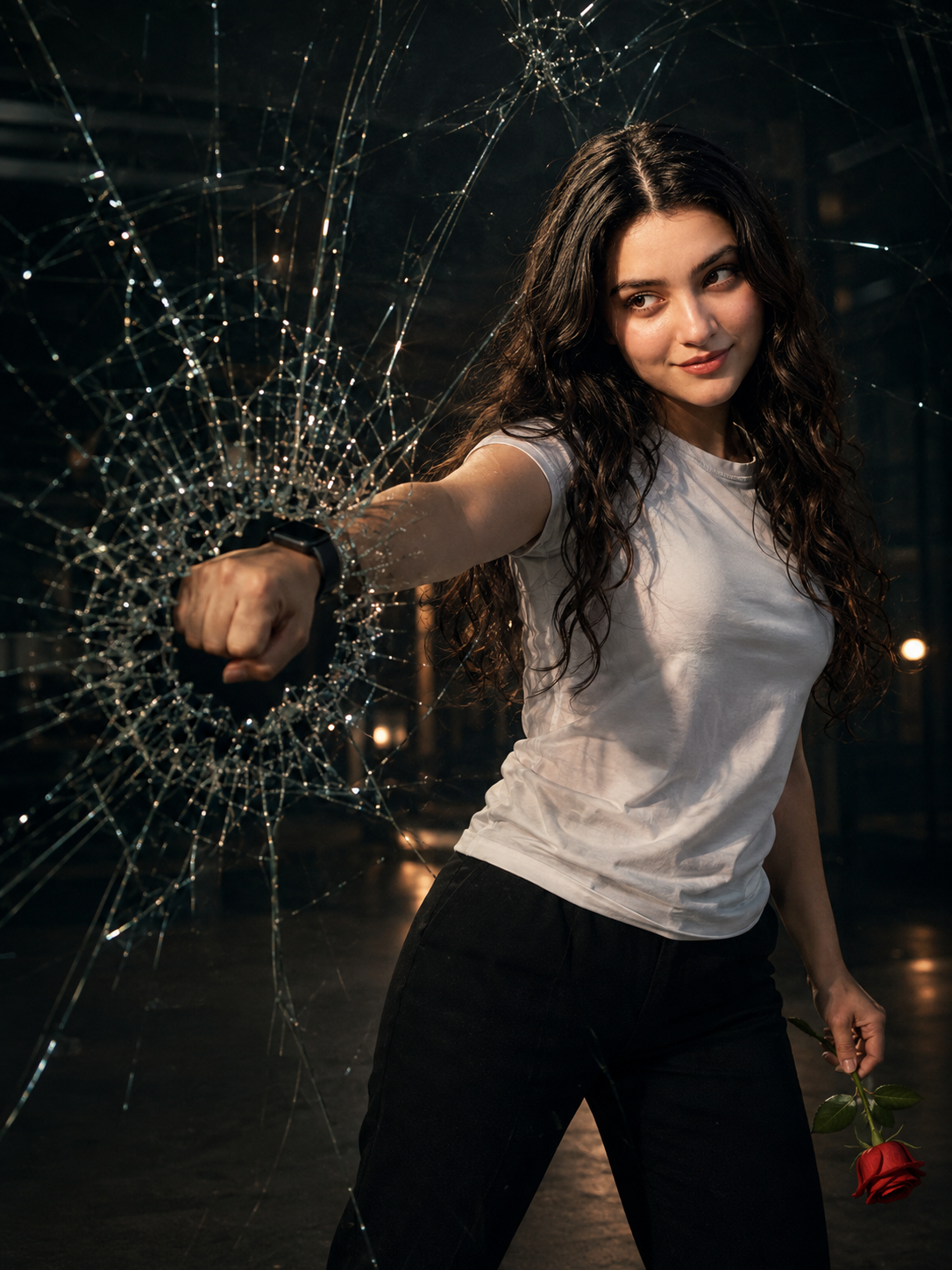 Cinematic Broken Glass Punch Portrait Prompt