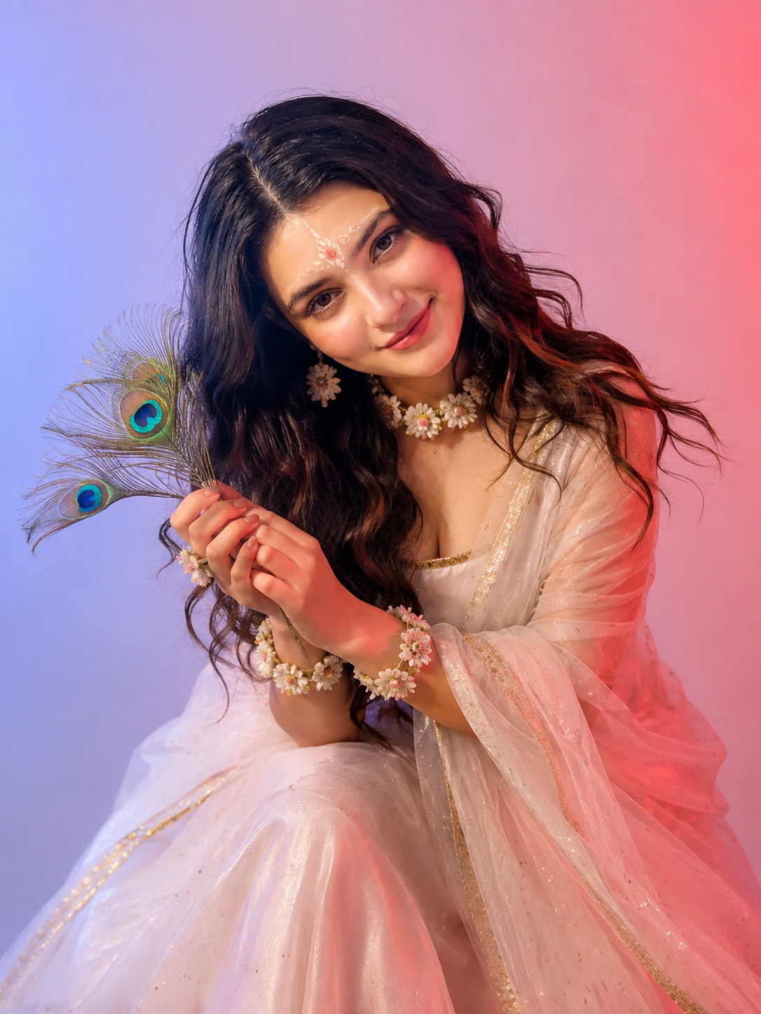 Radha Inspired Peacock Feather AI Portrait Prompt