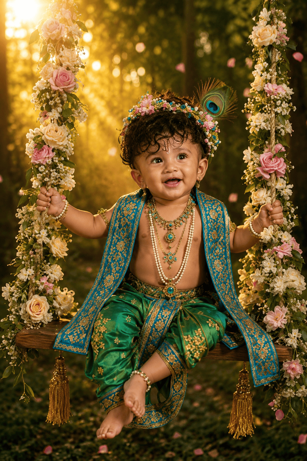 Baby Krishna AI Photo Prompt: Floral Swing Portrait