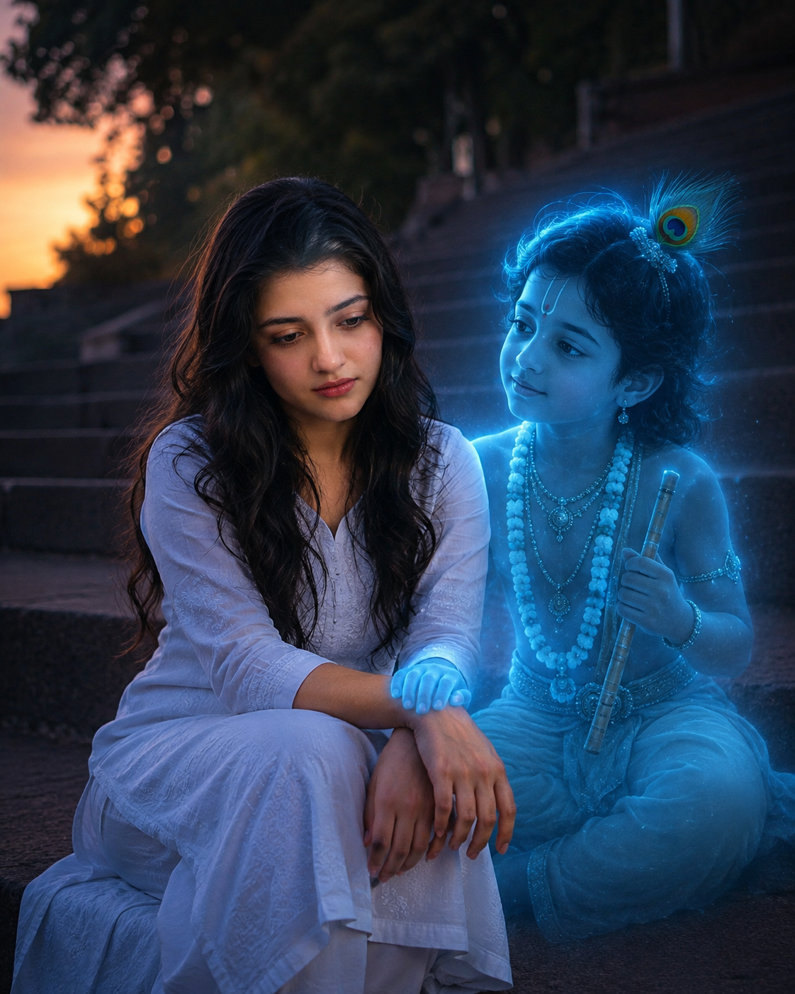 When the Heart Hurts, Krishna Stays - Girl image with Krishna Ji Prompt