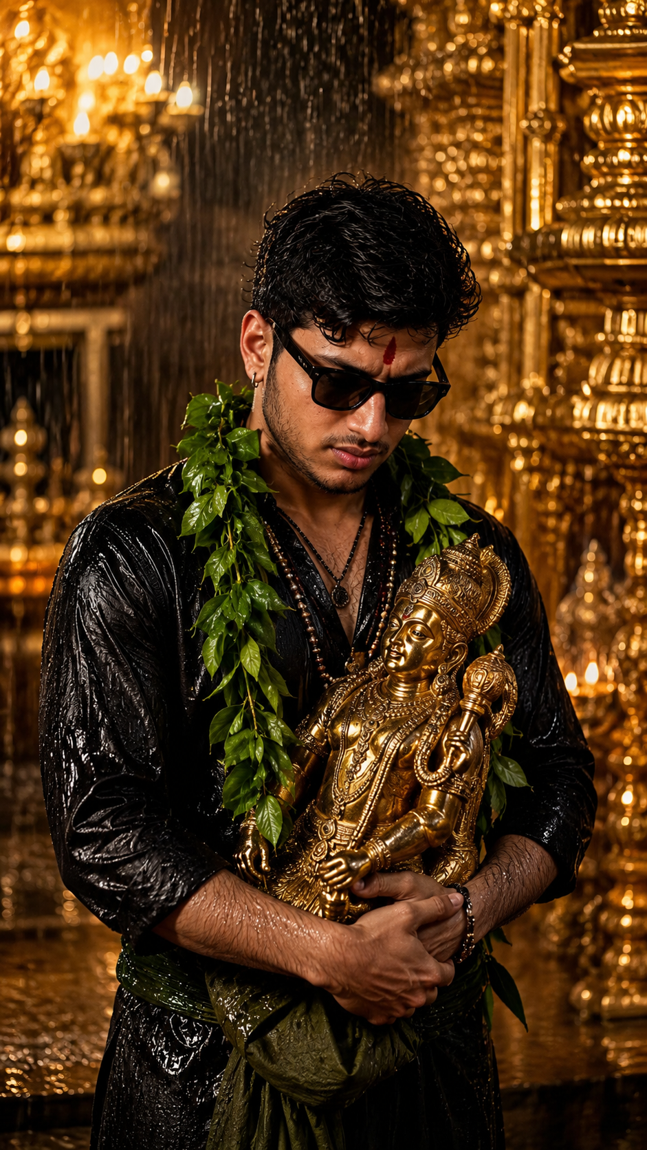 Young Man Holding Hindu Deity Statue in Rain – AI Photo Prompt