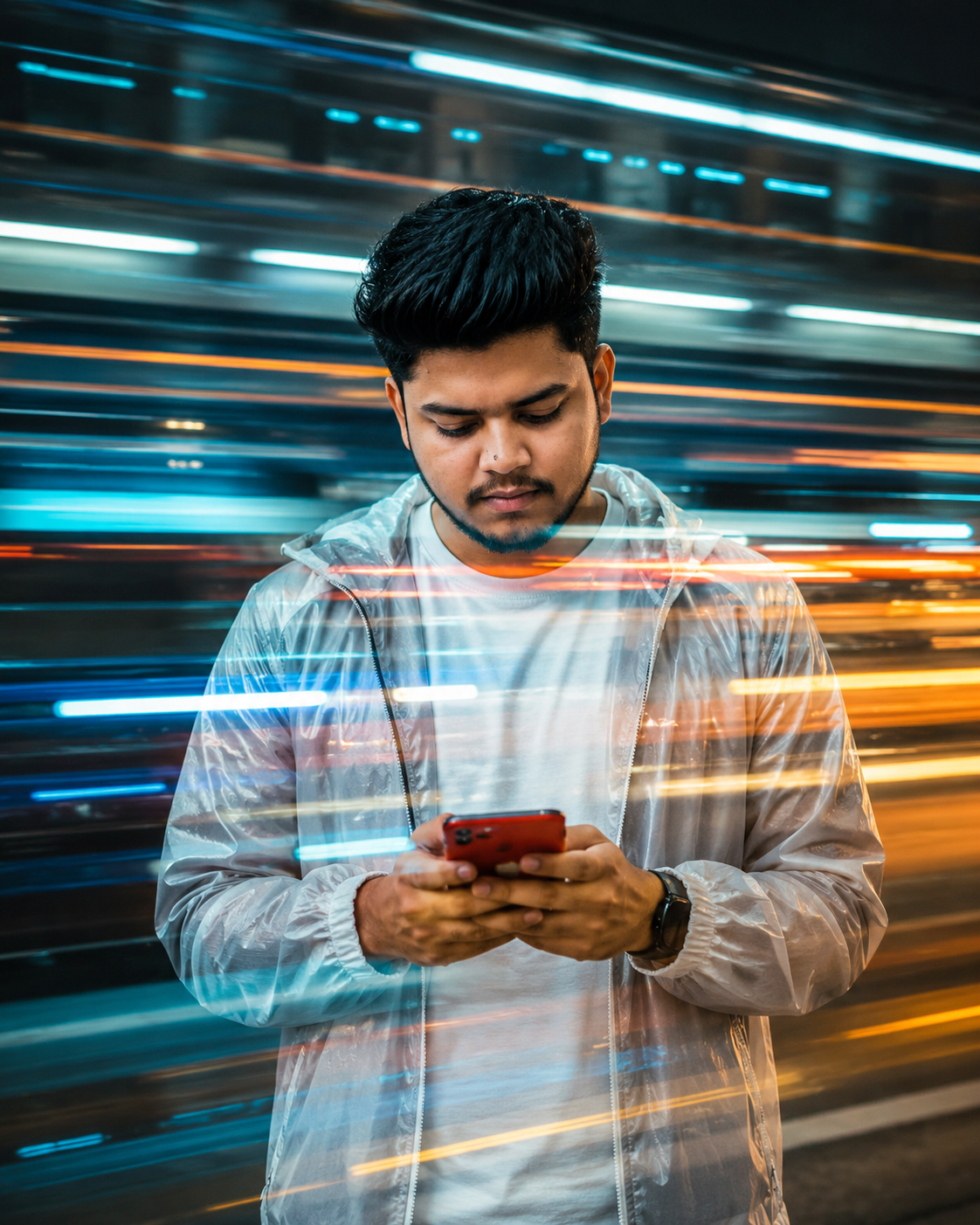 Cinematic Light Trails Mobile Portrait Prompt