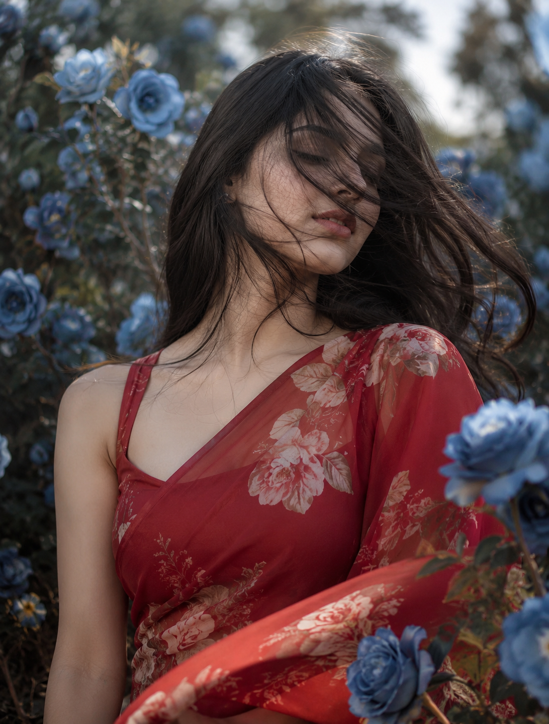 Red Floral Saree Girl Portrait AI Photo Prompt