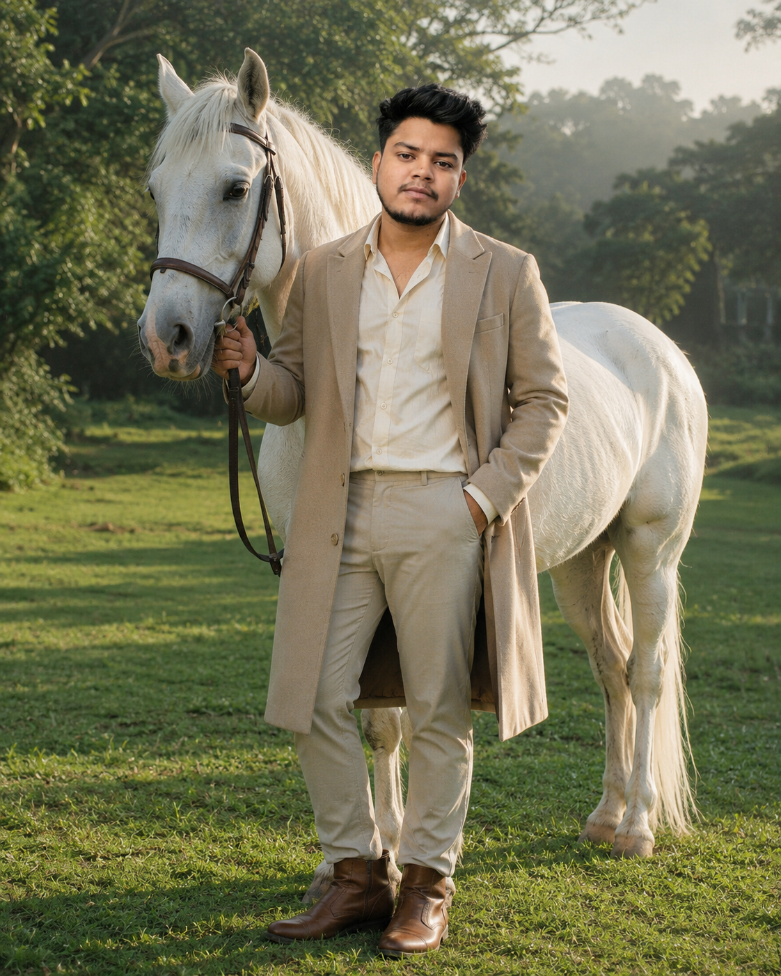 Cinematic Man with White Horse AI Photo Prompt