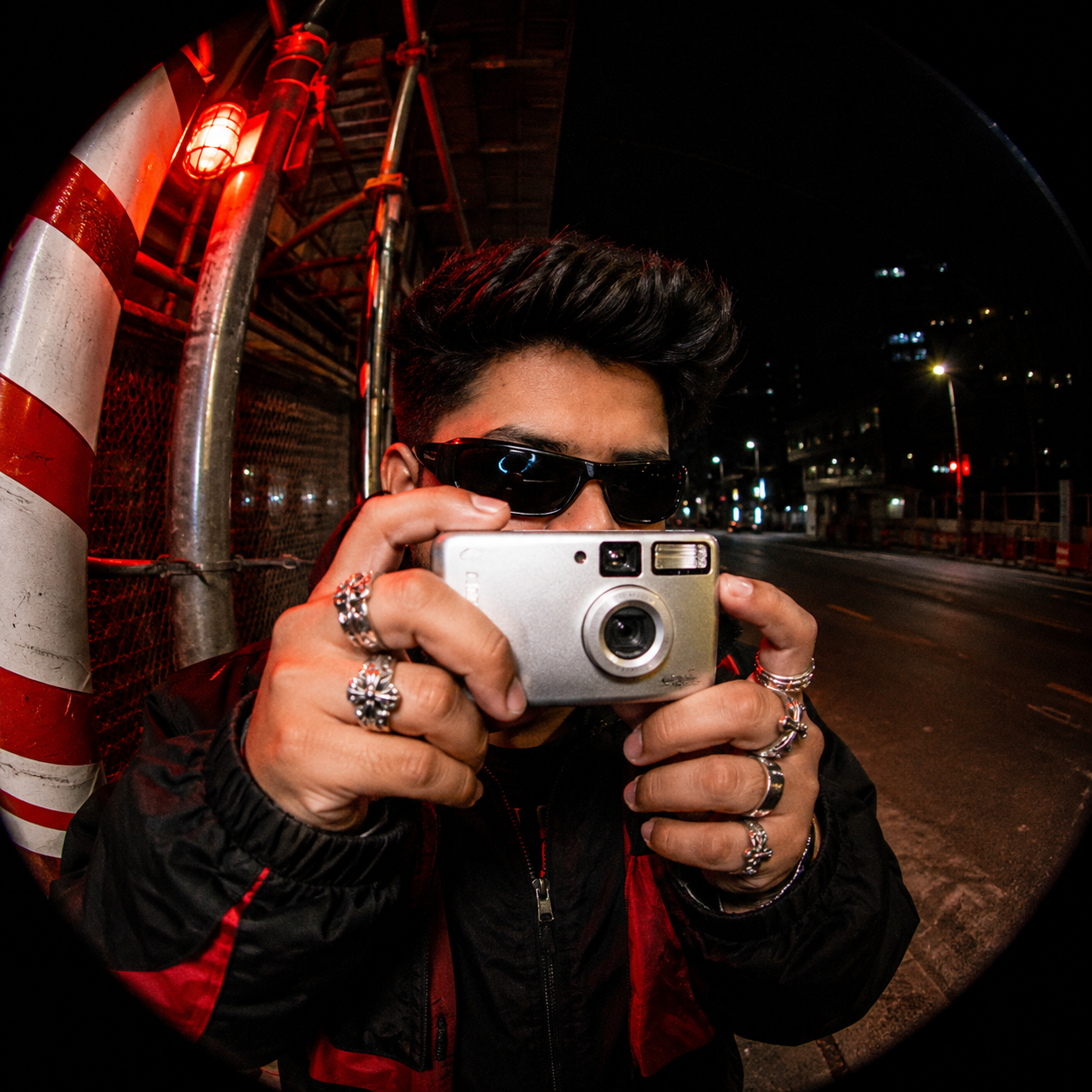 Fisheye Y2K Red Night Street Portrait AI Photo Prompt