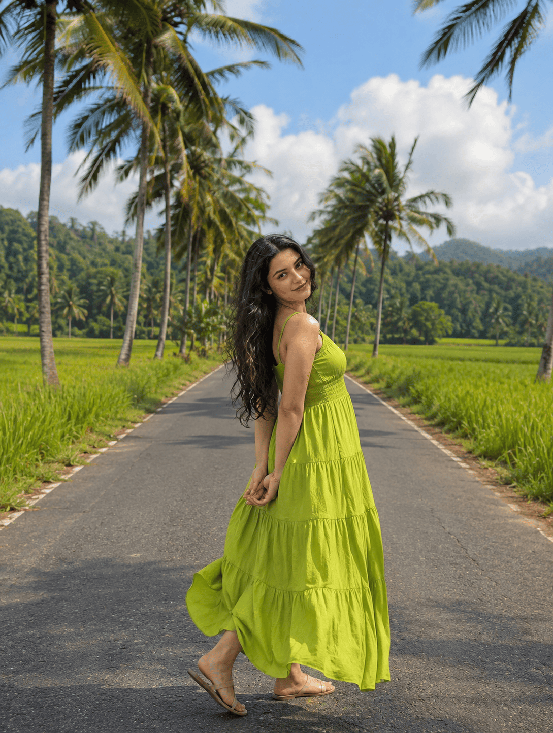 Green Dress Village Road AI Photo Prompt