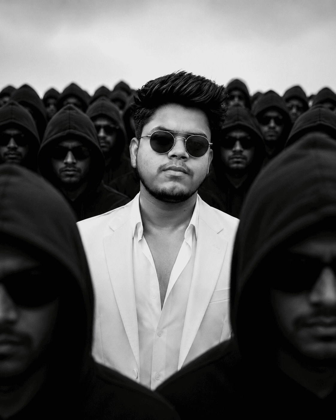 AI Hero Portrait with Hooded Army – Cinematic Photo Prompt