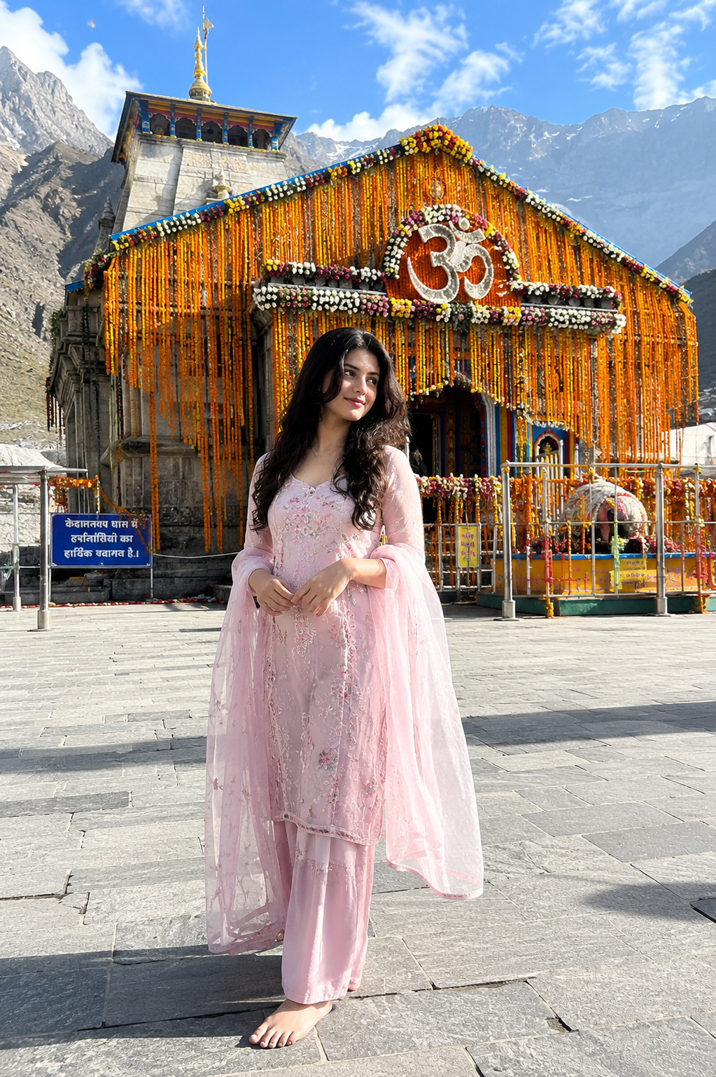 Kedarnath Temple Pink Kurti Photoshoot – AI Photo Prompt