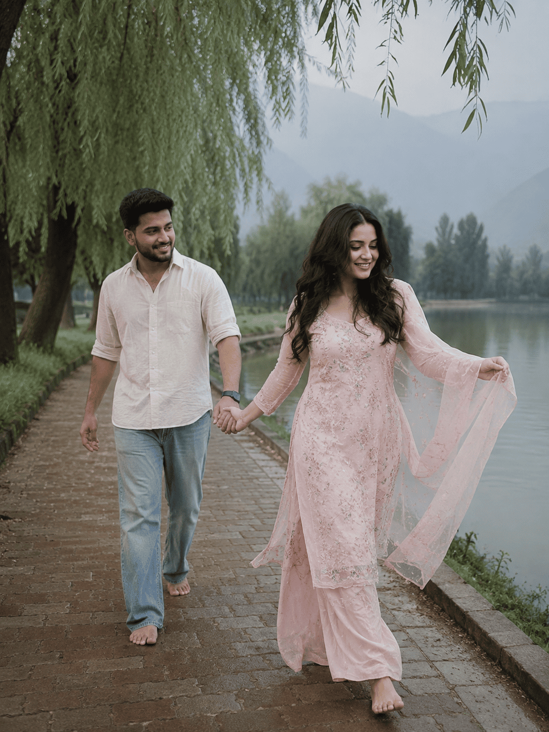 Romantic Couple Walking by Lake
