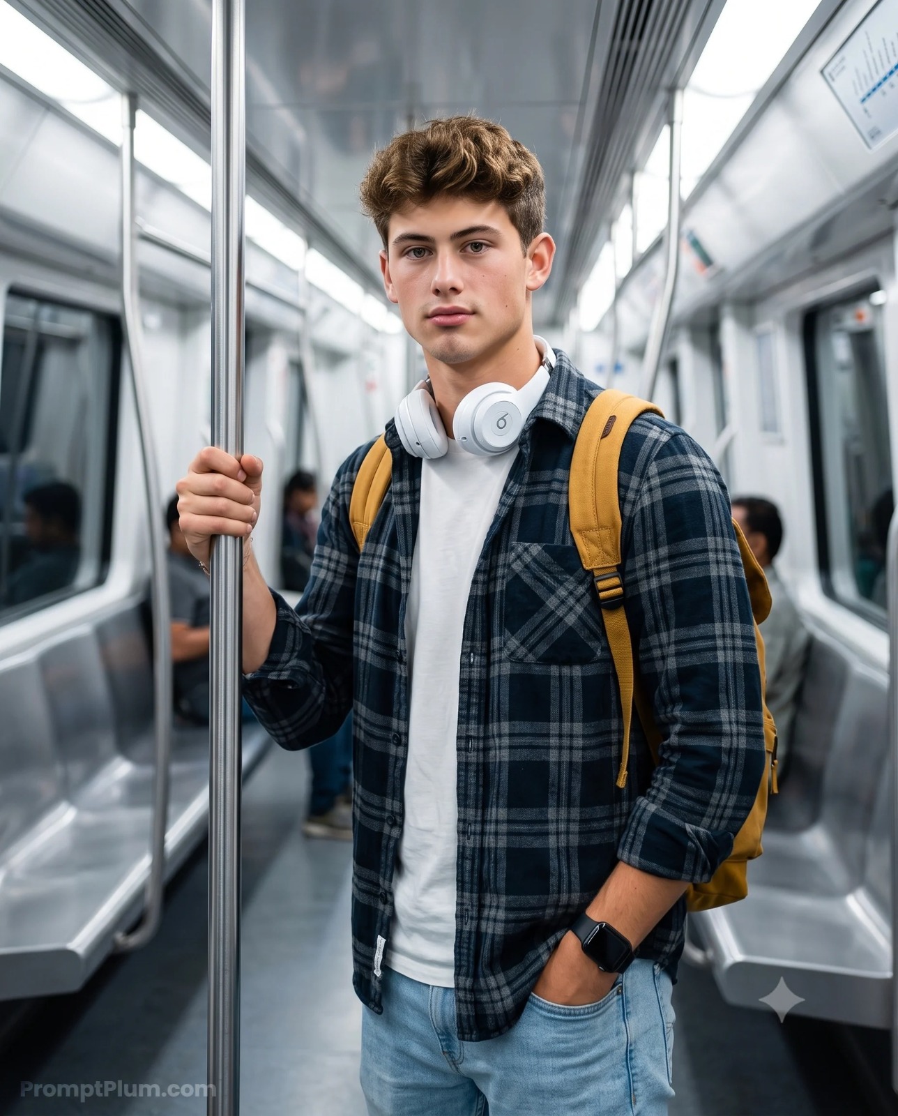 Metro Ride Vibes-Stylish Boy With backpack and Headphone