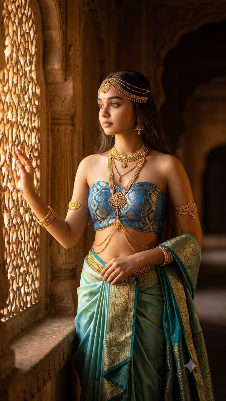Royal Indian Women In a Blue Saree and Traditional Jewelry