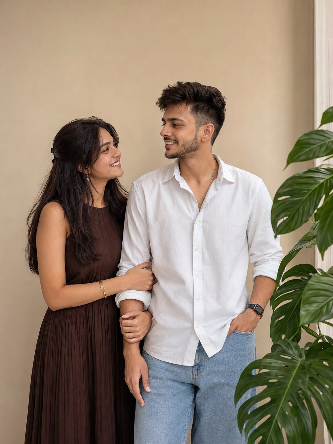 Young South Asian Couple Posing Together in a Cozy Indoor Setting