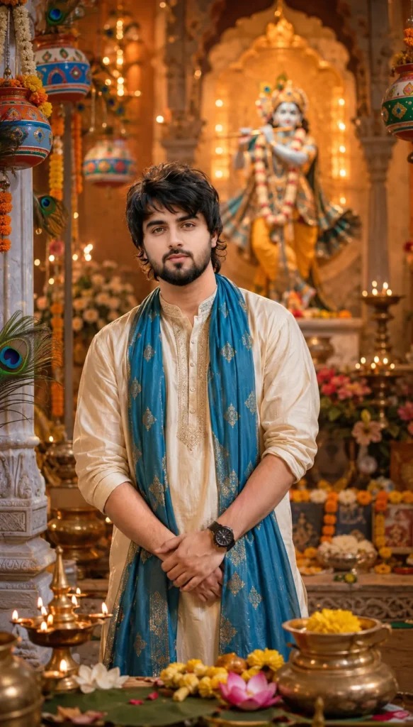 Young Indian Man in Traditional Kurta posing at a krishna temple.
