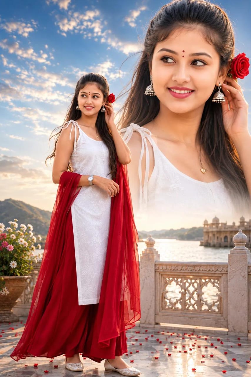 Indian Girl in White Kurti & Red Duppata at a Royal Place