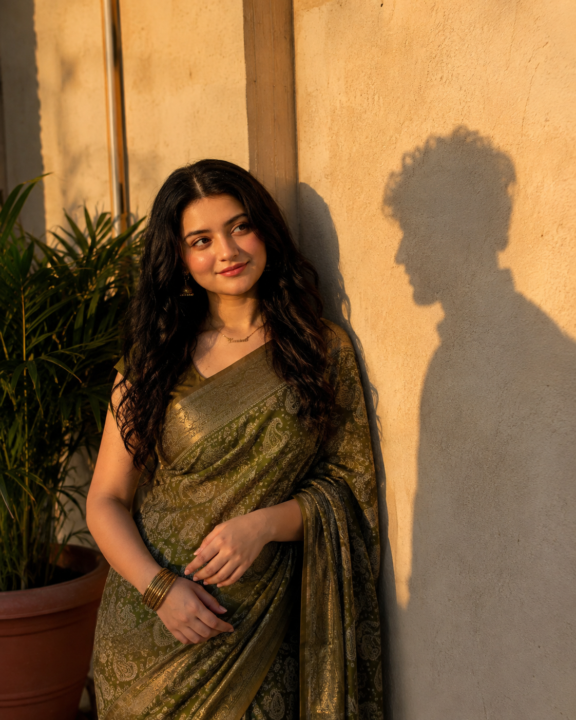 Young Indian Woman in Olive Green Saree at Golden Hour prompt
