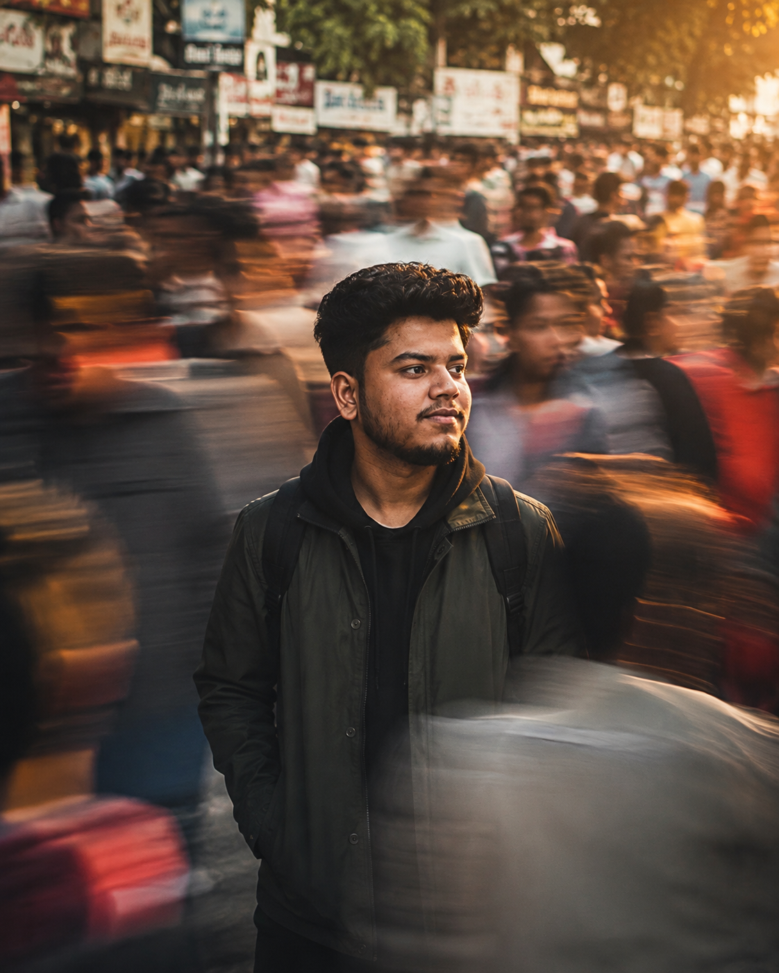 Alone in the Crowd — Urban Long Exposure Portrait Prompt for Men
