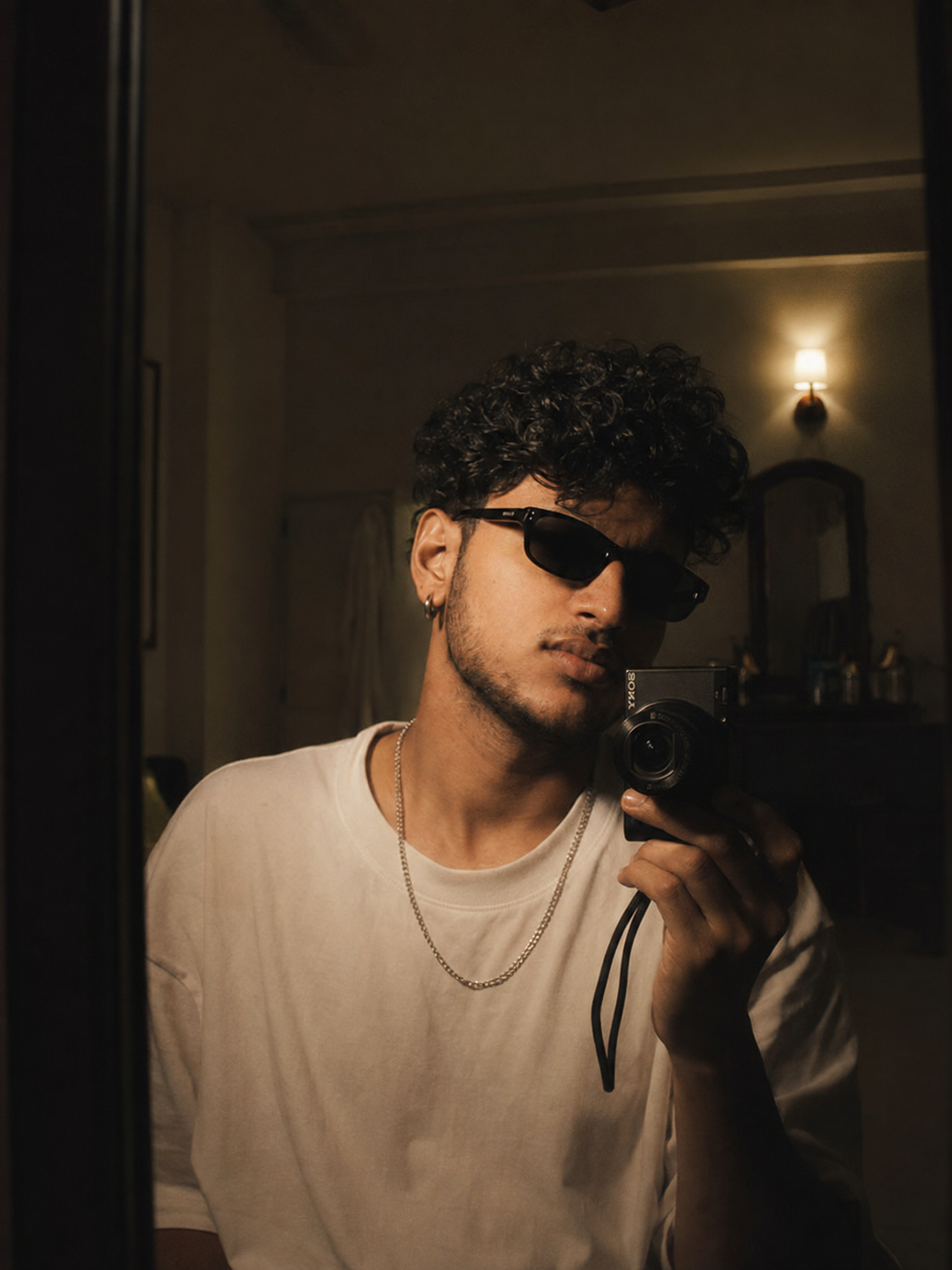 Moody Cinematic Mirror Selfie – Vintage Camera Portrait Prompt for men