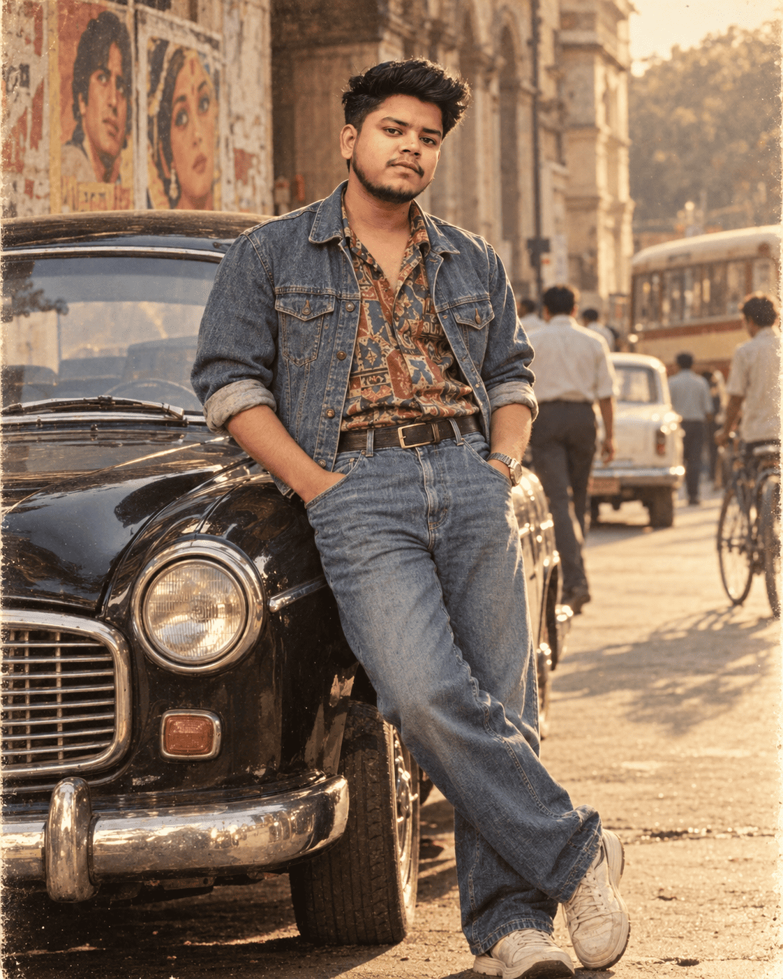 1990s Style Prompt Bollywood Retro Hero Beside a Classic Black Vintage Car