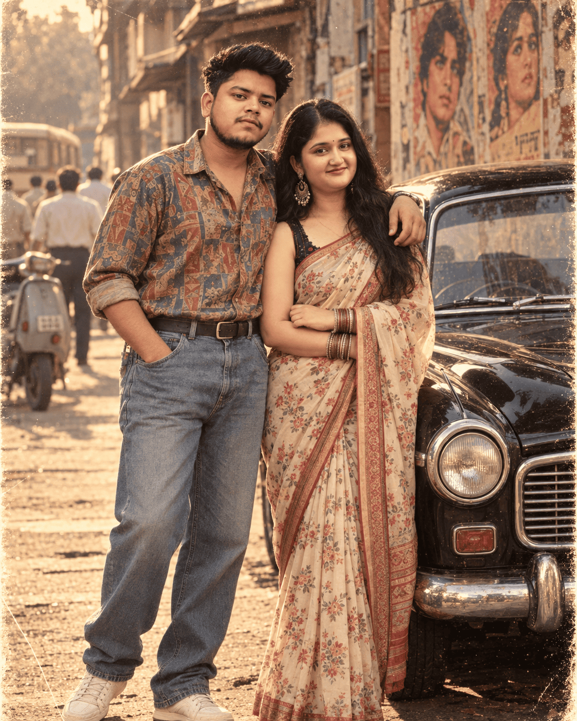 1990s Style Bollywood Couple prompt – Vintage Romantic Street Portrait