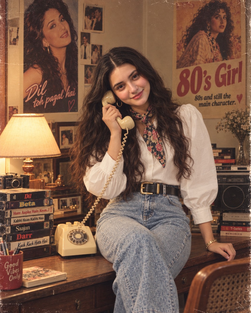 80s style girl image holding telephone prompt
