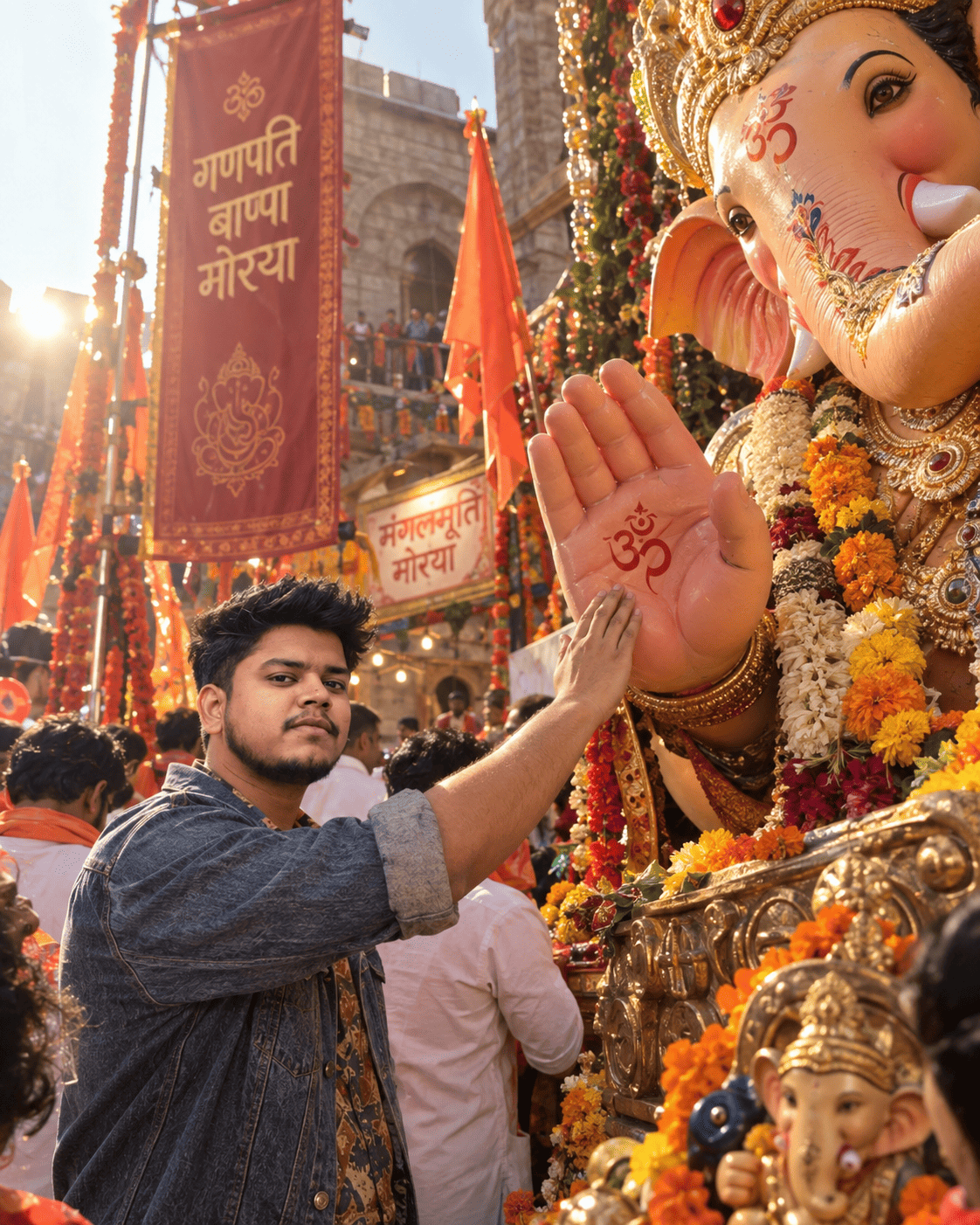 Touching the Hand of Lord Ganesha AI Image Prompt for men and Boys